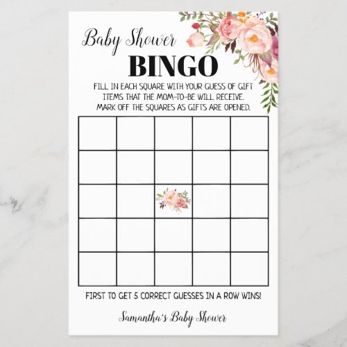 Pink Flowers Baby Shower Bingo Game Card Flyer