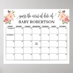 Pink flowers Baby Shower Guess Due Date Calendar Poster