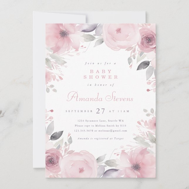 Pink Flowers Baby Shower Invitation (Front)