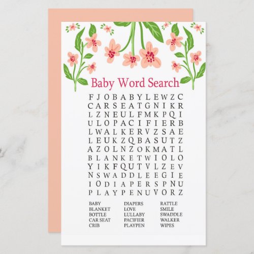 Pink Flowers Baby Shower Word Search Game