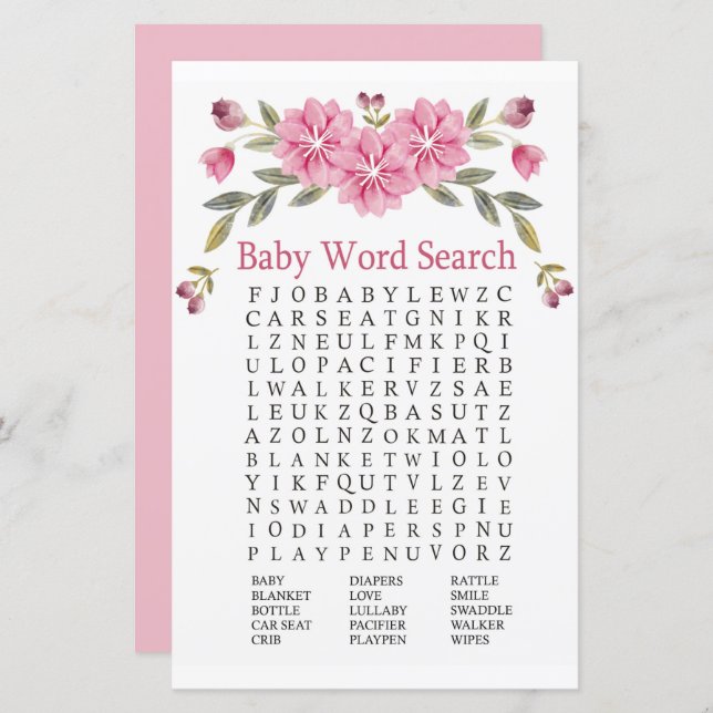 Pink flowers Baby Shower Word Search Game (Front/Back)