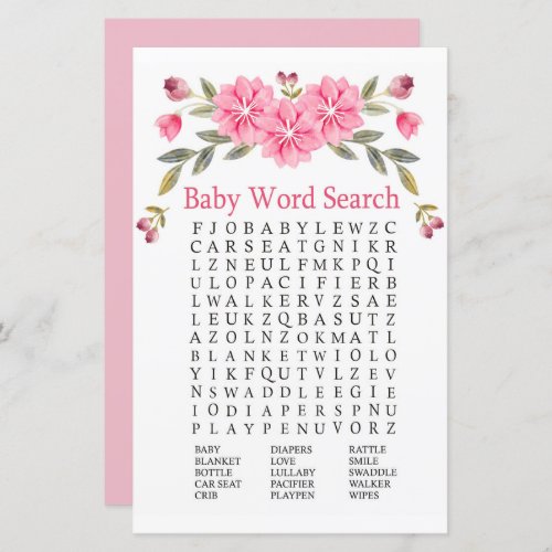 Pink flowers Baby Shower Word Search Game