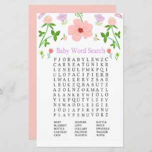 Pink Flowers Baby Shower Word Search Game