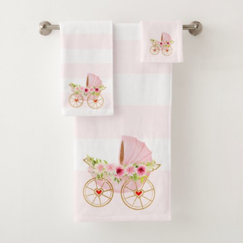 Pink flowers baby stroller bath towel set