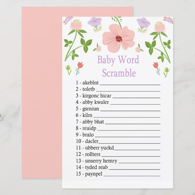 Pink Flowers Baby word scramble game (Front/Back)