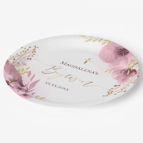 pink flowers baptism  paper plates