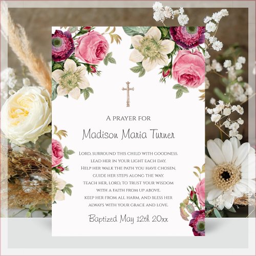 Pink Flowers Baptism Prayer Plaque