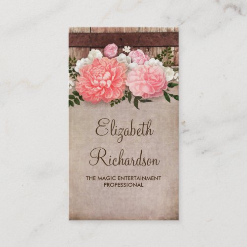 Pink Flowers Barn | Wood and Vintage Burlap Shabby Business Card - Rustic wood, pink flowers, vintage burlap old and shabby business cards