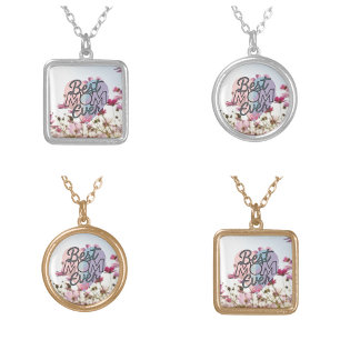 Pink Flowers Best Mom Ever Happy Mother's Day Silver Plated Necklace