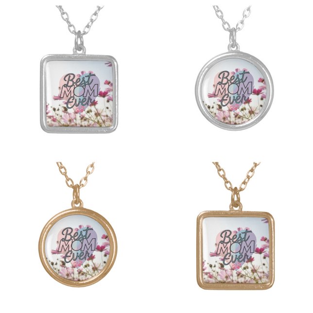 Pink Flowers Best Mom Ever Happy Mother's Day Silver Plated Necklace (Pink Flowers Best Mom Ever Happy Mother's Day Necklace
)