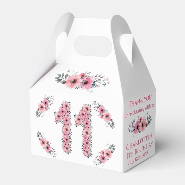 Pink Flowers Big 11th Birthday Girl Green Foliage Favor Boxes (Front Side)