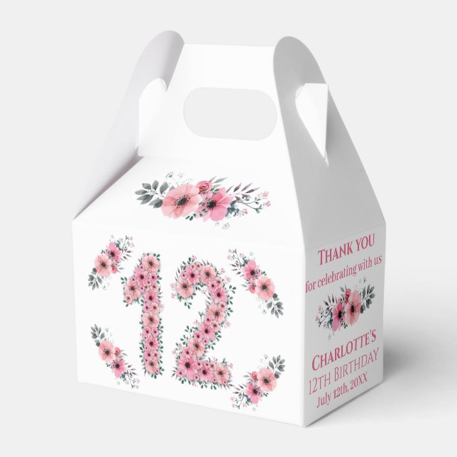 Pink Flowers Big 12th Birthday Girl Green Foliage Favor Boxes (Front Side)
