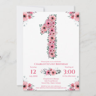 Pink Flowers Big 1st Birthday Girl Green Foliage Invitation