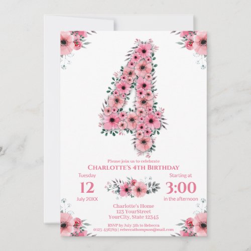 Pink Flowers Big 4th Birthday Girl Green Foliage Invitation