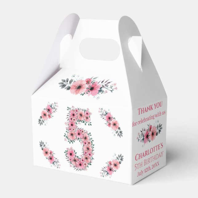 Pink Flowers Big 5th Birthday Girl Green Foliage Favor Boxes (Front Side)