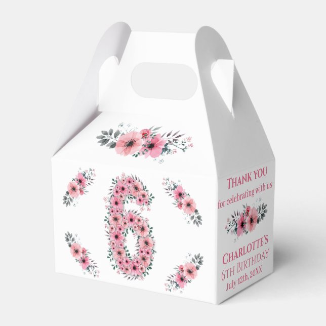 Pink Flowers Big 6th Birthday Girl Green Foliage Favor Boxes (Front Side)