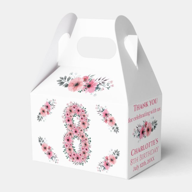 Pink Flowers Big 8th Birthday Girl Green Foliage Favor Boxes (Front Side)