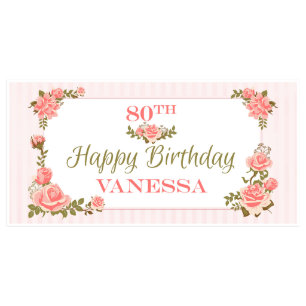 Pink Flowers Birthday Banner Party Decor Any Age