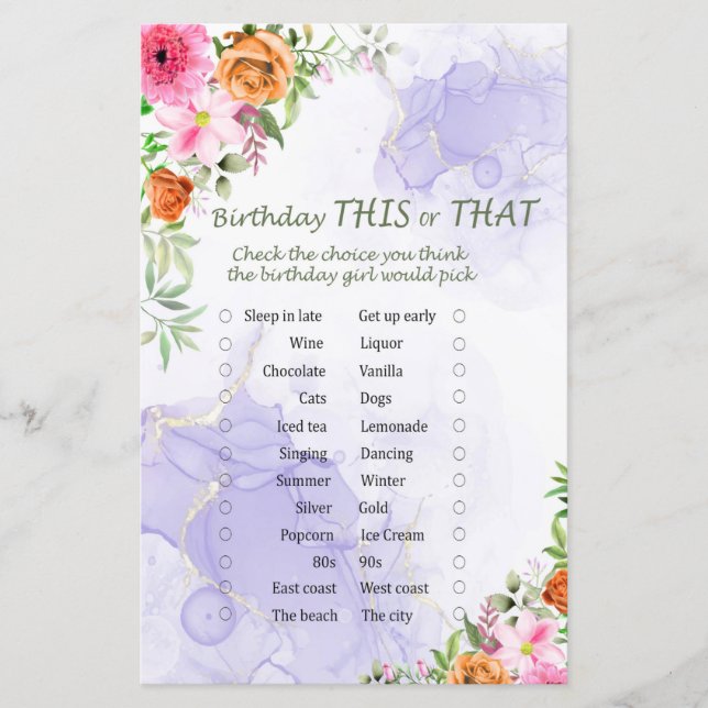 Pink Flowers Birthday This or That Game (Front)