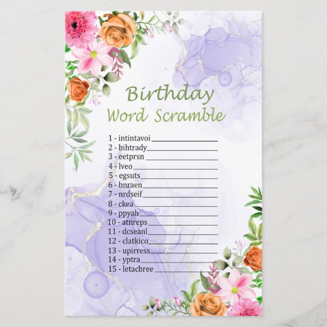 Pink Flowers Birthday Word Scramble Game (Front)