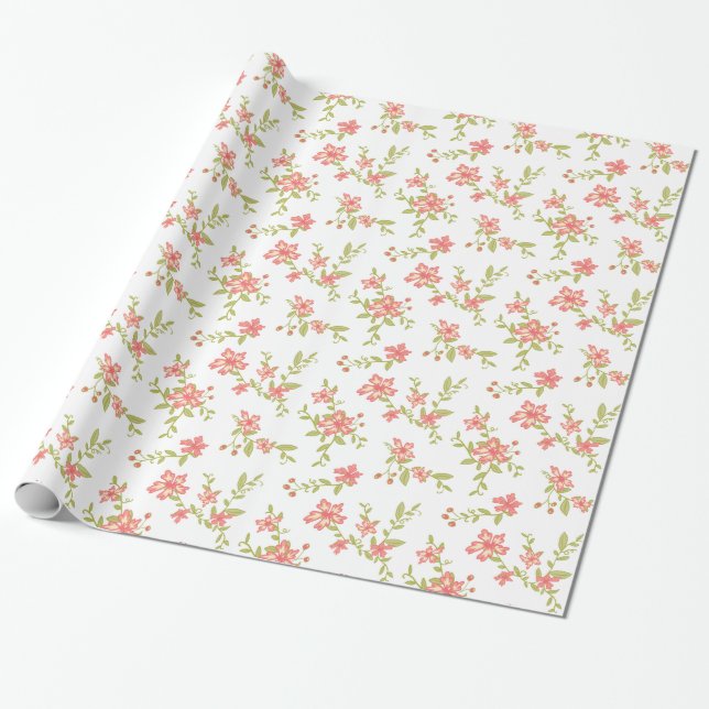 Pink Flowers Birthday Wrapping Paper (Unrolled)