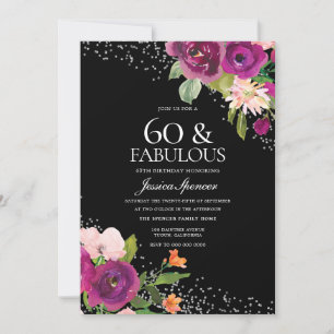 Pink Flowers Black Back 60th Birthday Party Invitation