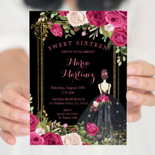 Pink Flowers & Black Background 16th Birthday  Invitation