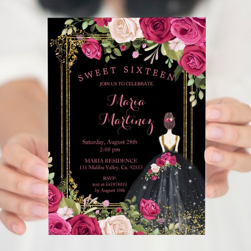 Pink Flowers  Black Background 16th Birthday  Invitation