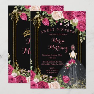 Pink Flowers & Black Background 16th Birthday  Invitation