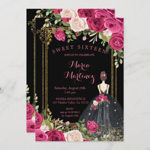 Pink Flowers  Black Background 16th Birthday  Invitation