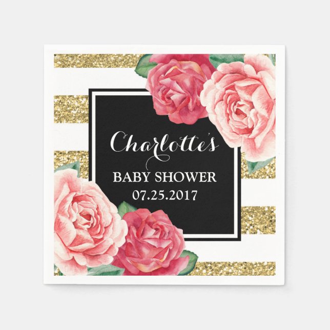 Pink Flowers Black Gold Stripes Baby Shower Napkins (Front)