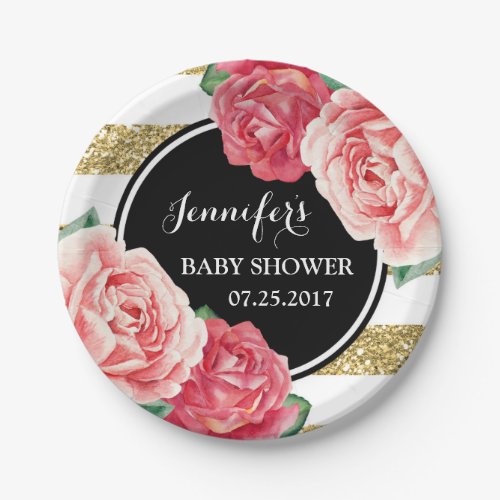 Pink Flowers Black Gold Stripes Baby Shower Plate