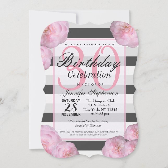 Pink Flowers & Black, Gray, & White Stripes Invitation (Front)