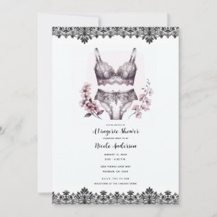 Pink Flowers & Black Lace Lacey Lingerie Shower Invitation