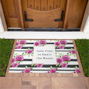Pink Flowers Black Stripes Take Time Smell Roses Doormat