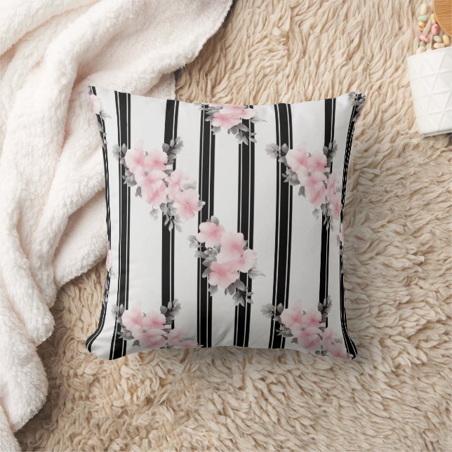 Pink Flowers & Black Stripes  Throw Pillow (Blanket)