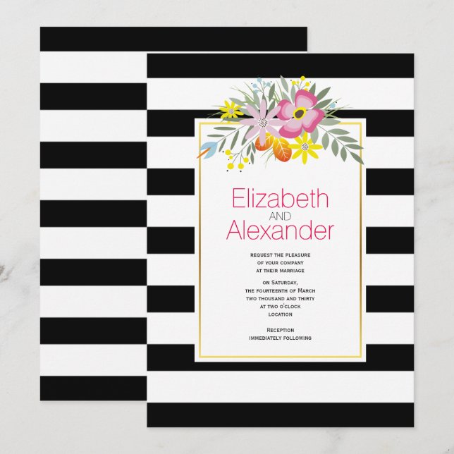 Pink flowers, black white stripes floral wedding invitation (Front/Back)