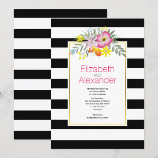 Pink flowers, black white stripes floral wedding invitation