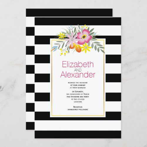 Pink flowers black white stripes floral wedding invitation