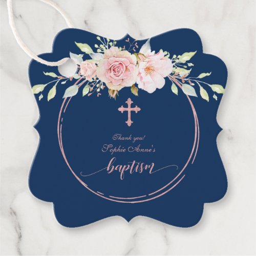 Pink Flowers Bloom Navy Blue Rose Gold Baptism Favor Tags