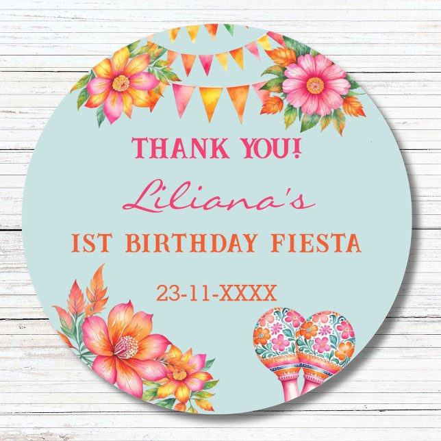 Pink Flowers Blue Fiesta 1st Birthday Favor Classic Round Sticker (Creator Uploaded)