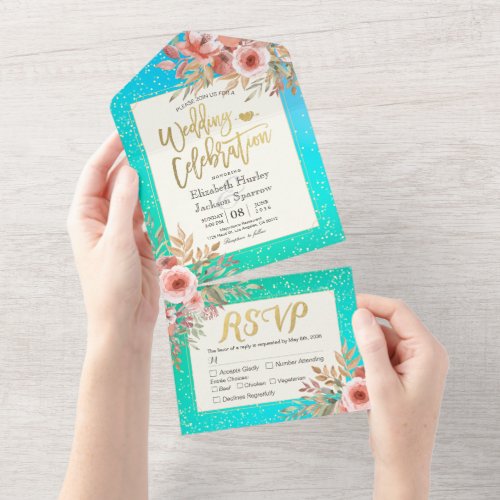 Pink Flowers Blue Green Gold Confetti Wedding RSVP All In One Invitation