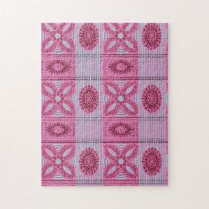 pink flowers blue stripes vintage art Pattern Jigsaw Puzzle