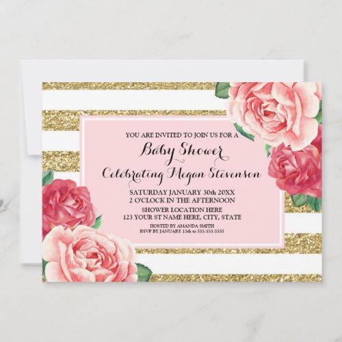 Pink Flowers Blush Gold Stripes Baby Shower Invitation