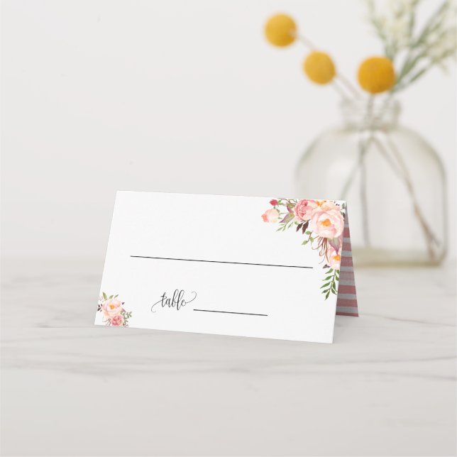 Pink Flowers Boho Chic Wedding Seating Folded Place Card (Front)