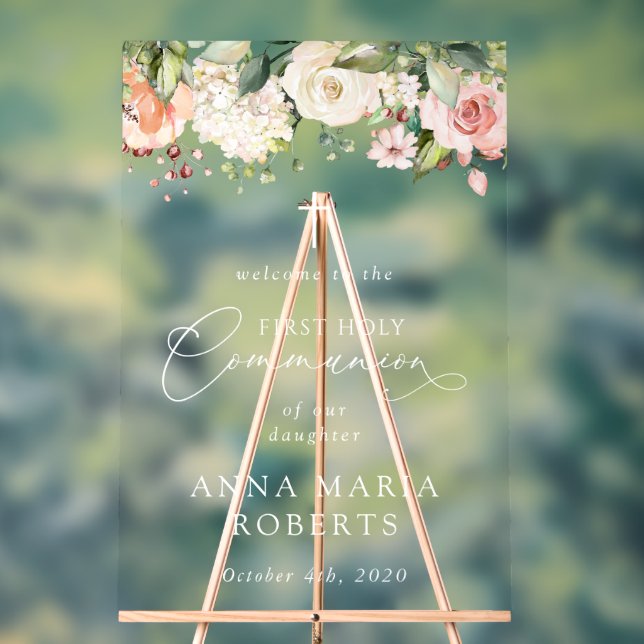 Pink Flowers, Boho, First Holy Communion Welcome Acrylic Sign (Neutral)