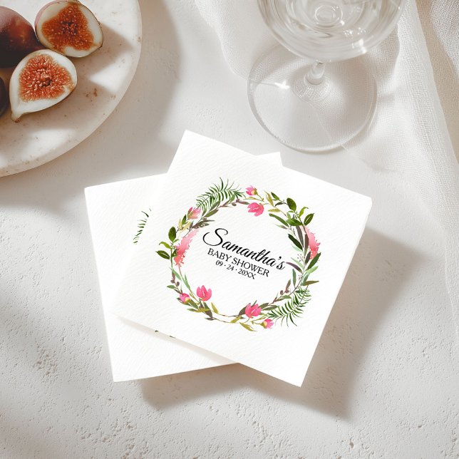 Pink Flowers Boho Floral Wreath Baby Shower Napkins (Creator Uploaded)