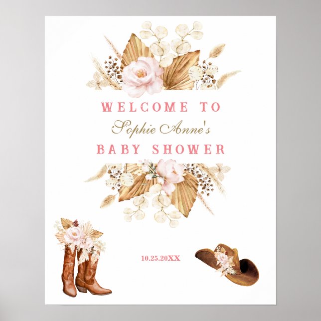 Pink Flowers Boots Baby Shower Welcome Sign (Front)
