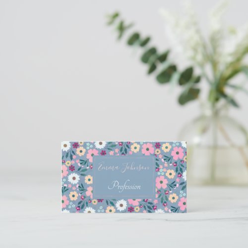 Pink flowers Botanical Blue Design Business Card