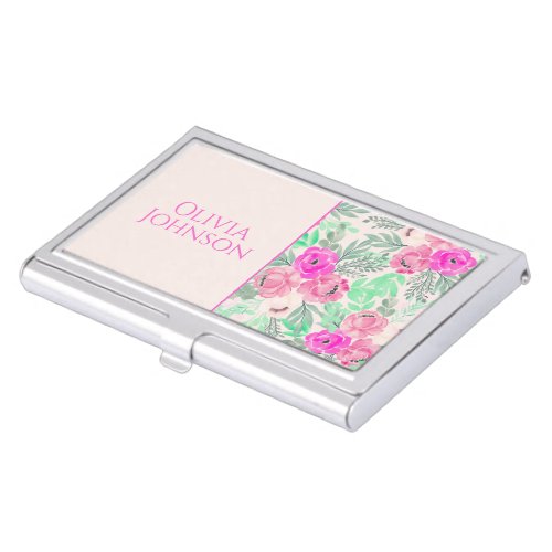 Pink Flowers Botanical Watercolor Business Card Case